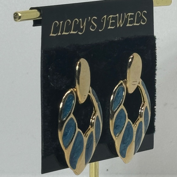 Vintage Gold & Blue Enamel Drop Earrings by Lilly’s - Classic & Elegant Design - Picture 5 of 7